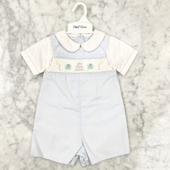Petit Ami Boys Birthday Blue Smocked Embroidered Jon Jon 2-Piece Romper 24 Mths - Picture 2 of 10